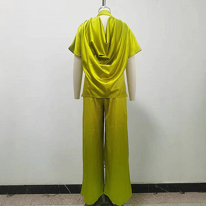 Women Two Piece Turn Down Collar Short Sleeve Shirt & Wide High Waist Leg Long Pants