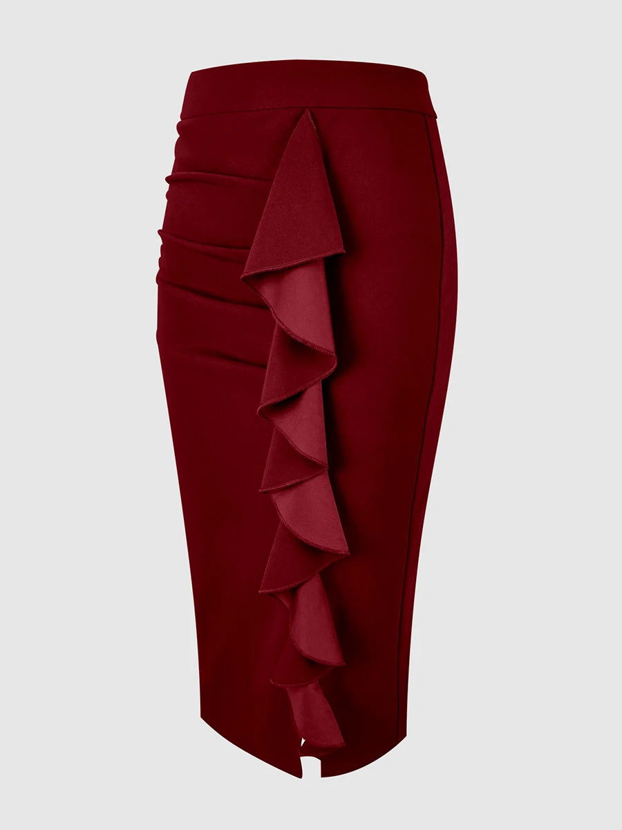 Women's Burgundy Ruffle High Waist Stretch Slim Fit Pencil Midi Skirt, w/ Side Split