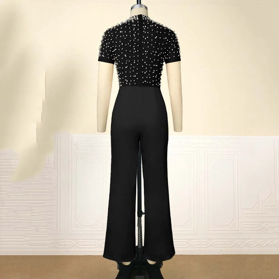 Elegant Women O Neck Short Sleeve Beaded High Waisted Luxury Jumpsuit
