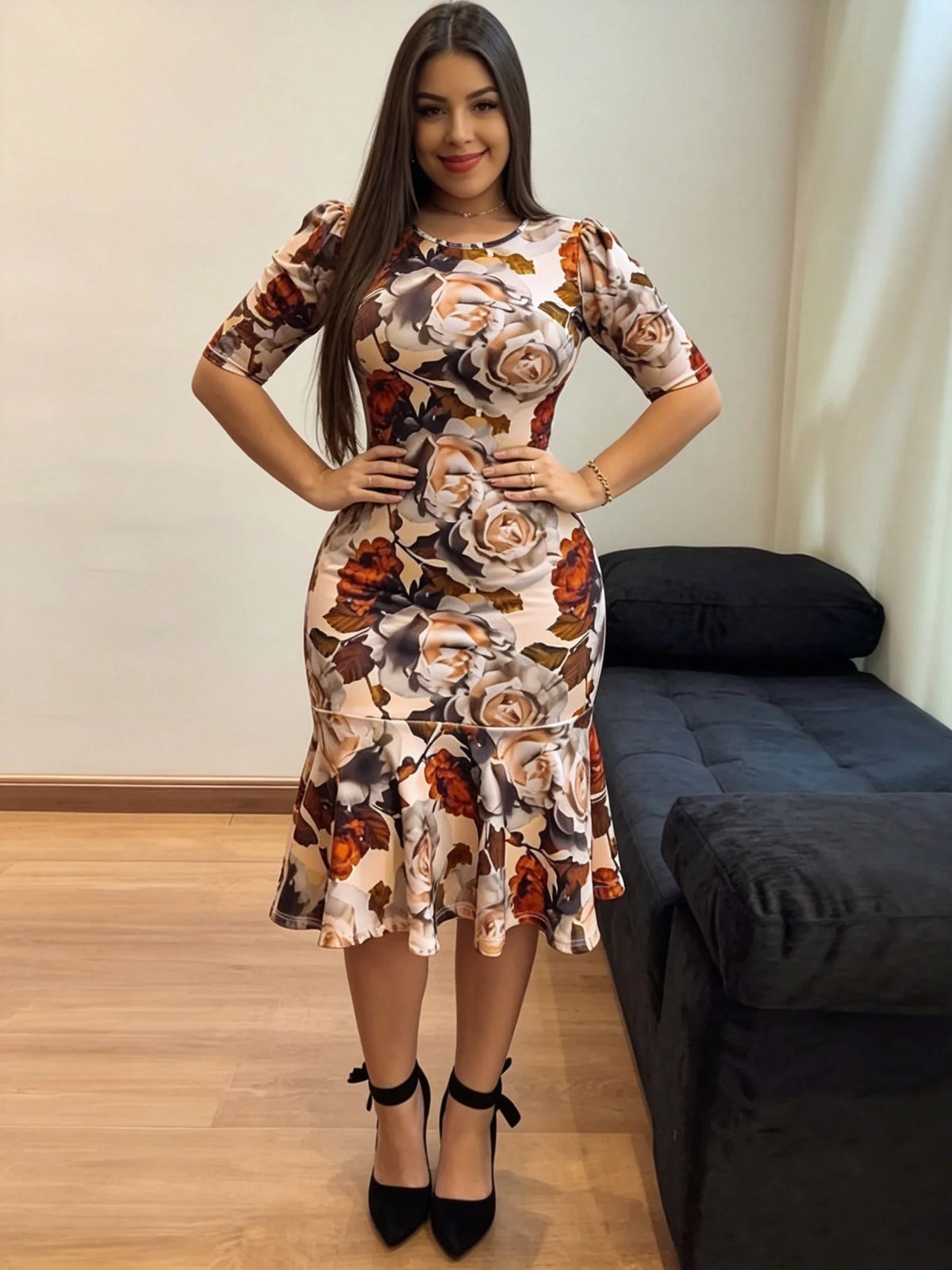 Women's Slim Fit Round Neck Autumn Floral Printed Slimming Dress