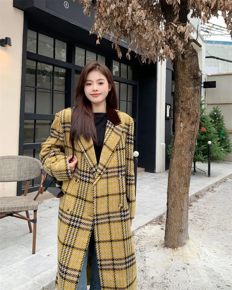 Women's Yellow Plaid Print Thick Long Sleeve Winter Overcoat