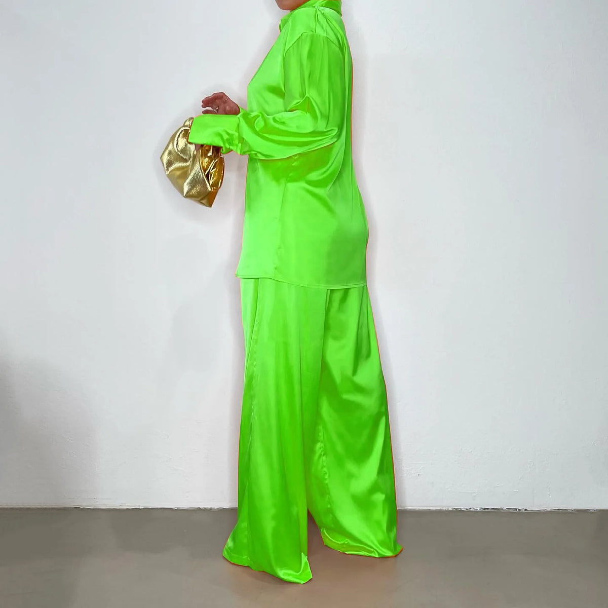 Elegant Satin Women's Long Sleeve Tracksuit And Wide Leg Pants