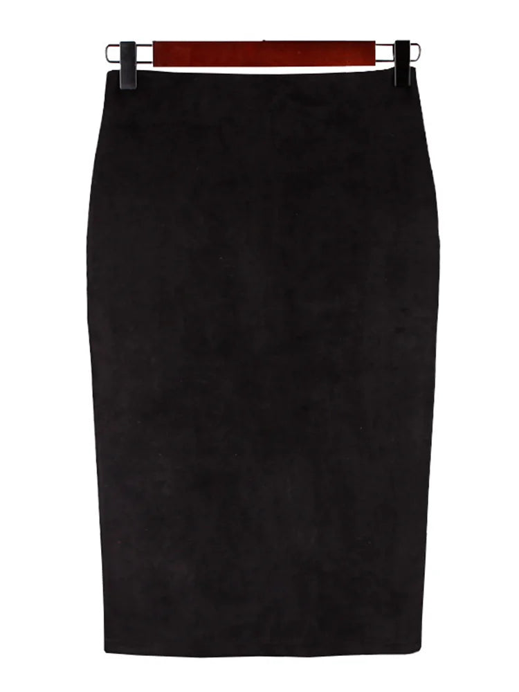 Sexy Multi Color Suede Elastic High Waist BodyCon Midi Pencil Skirt