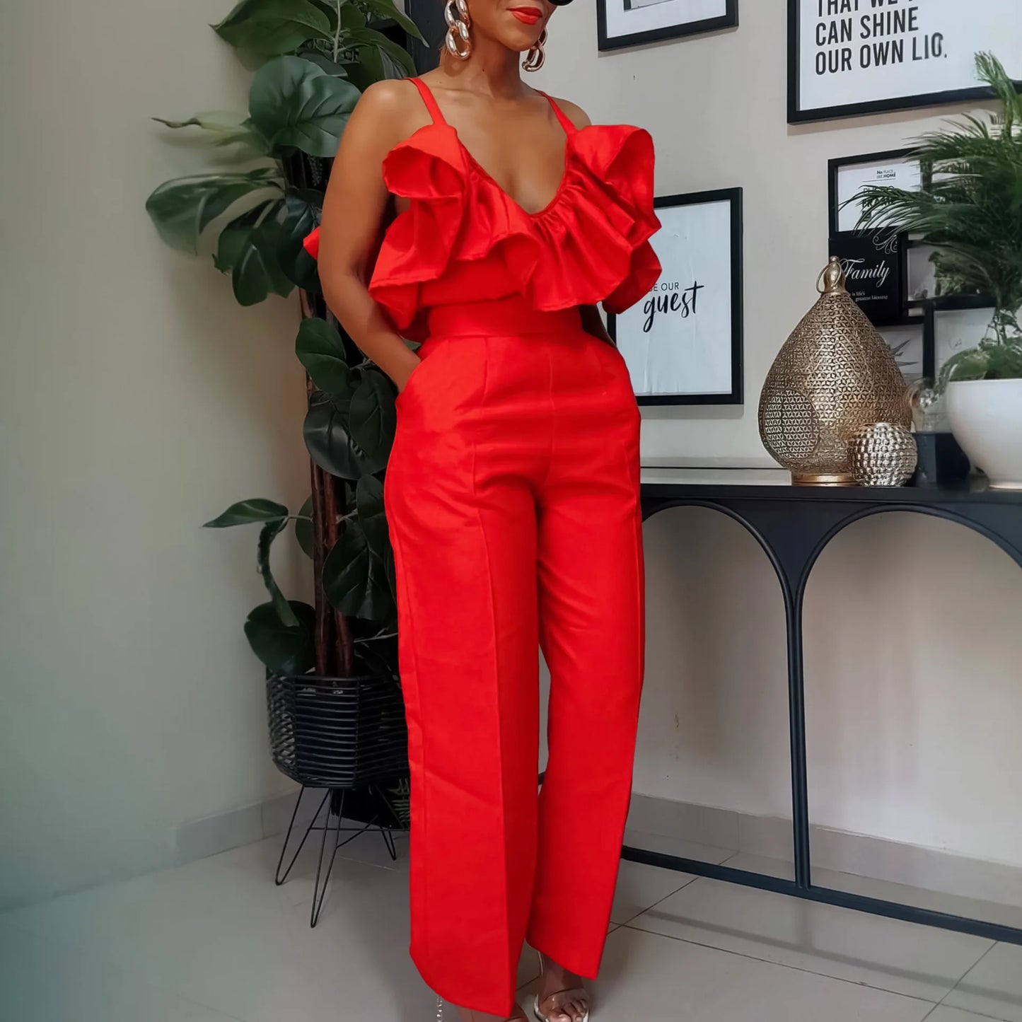 Designer Deep V Neck Ruffles High Waist Pants Jumpsuit