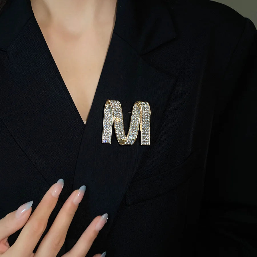 Dedicate Gold Color M Letter Full Rhinestone Brooch for Women