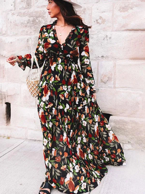 Elegant Floral Print Ruffle Layered Long Sleeved Chiffon A Line Long Maxi Dress