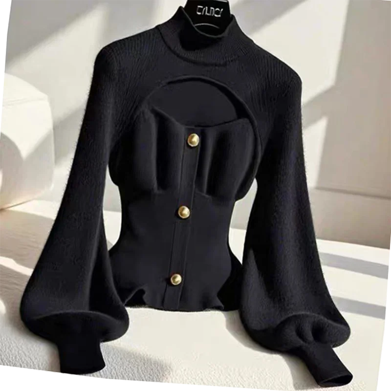 Black High-Neck Knitwear Slimming Waist Designer Sweater