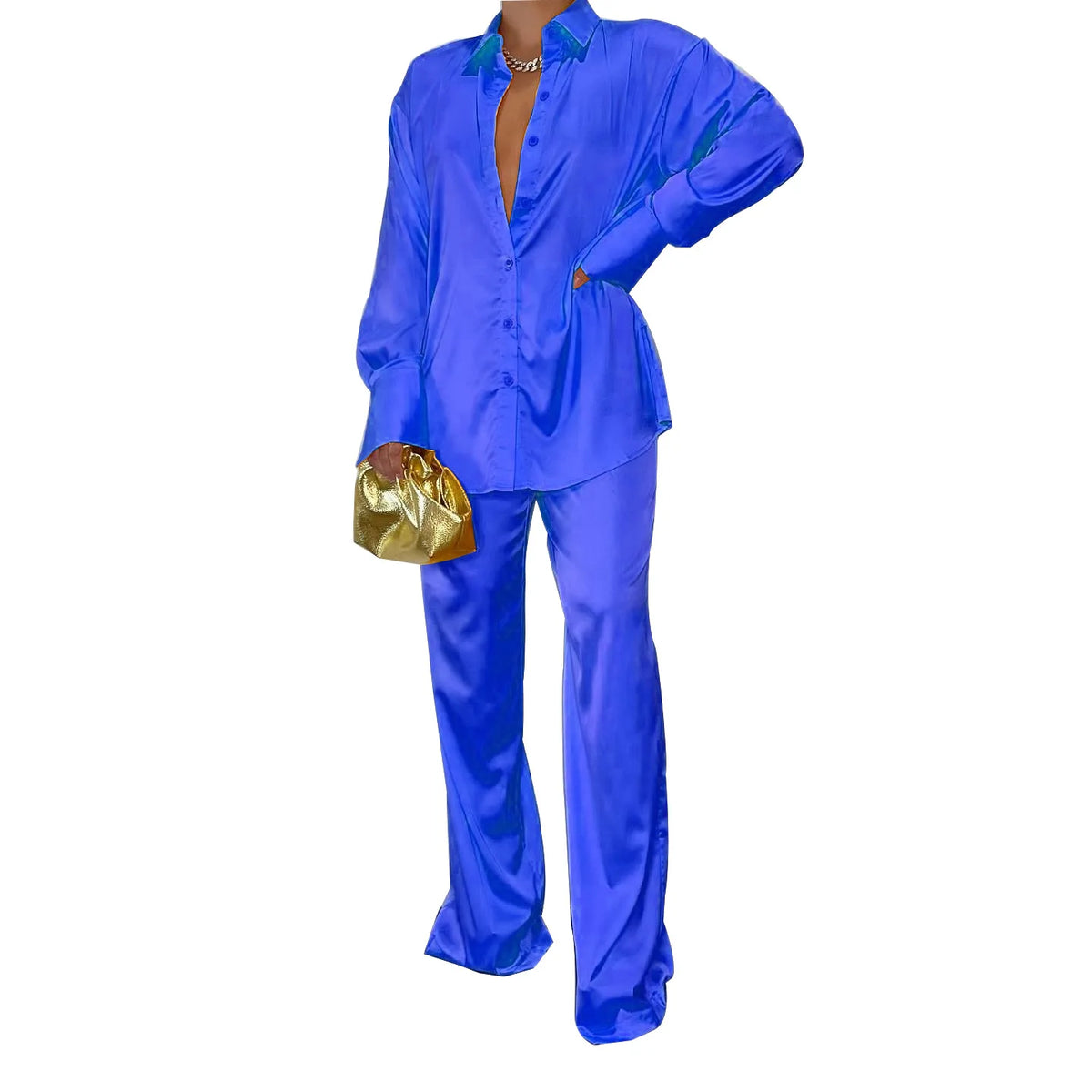Elegant Satin Women's Long Sleeve Tracksuit And Wide Leg Pants
