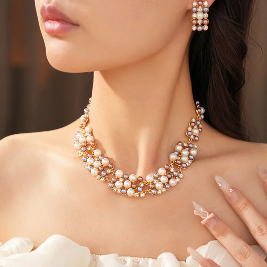 Vintage Pearl Rhinestone Choker Necklace and Earrings Set