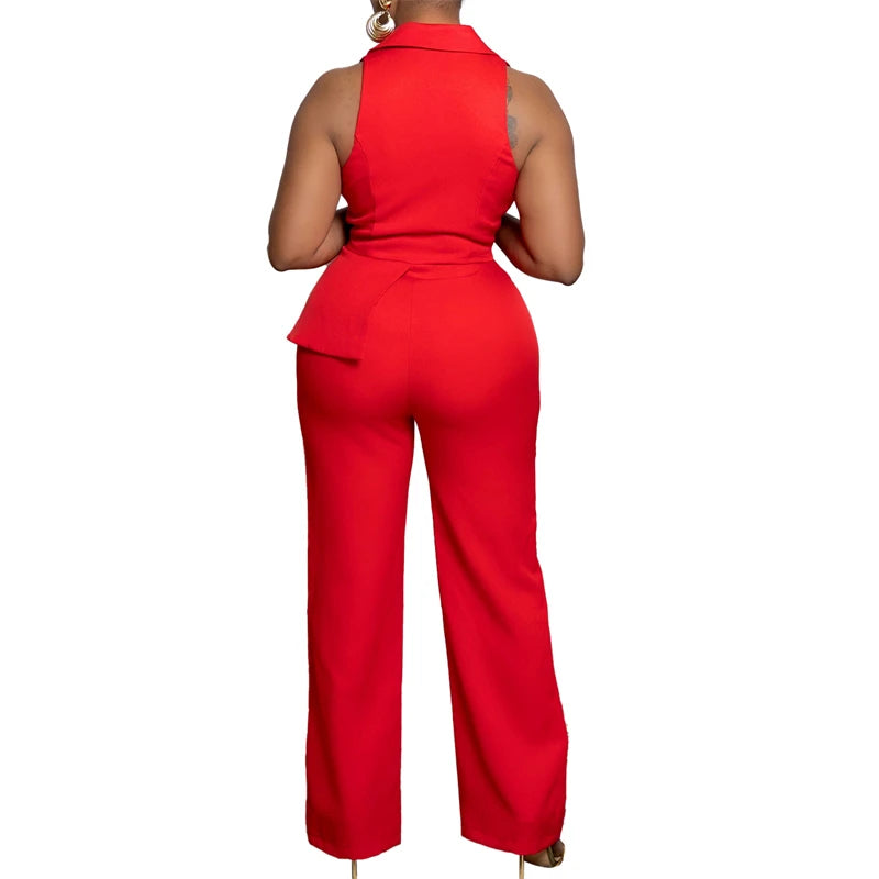Women Elegant Blazer Sleeveless V-Neck Straight Pant Romper