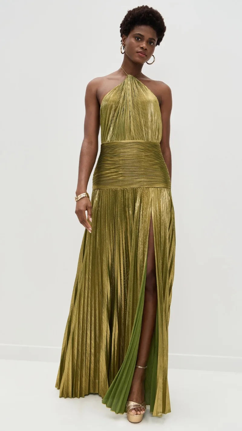 Metallic Gold Off Shoulder Backless Halter Long Dress w/ High Split