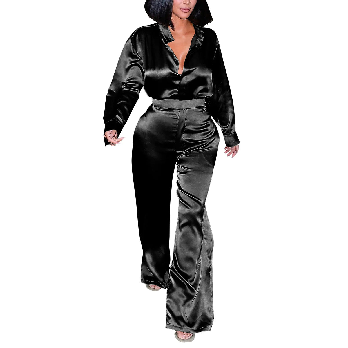 Satin Women's Long Sleeve Blouse and Wide Leg Pant 2 Piece Set