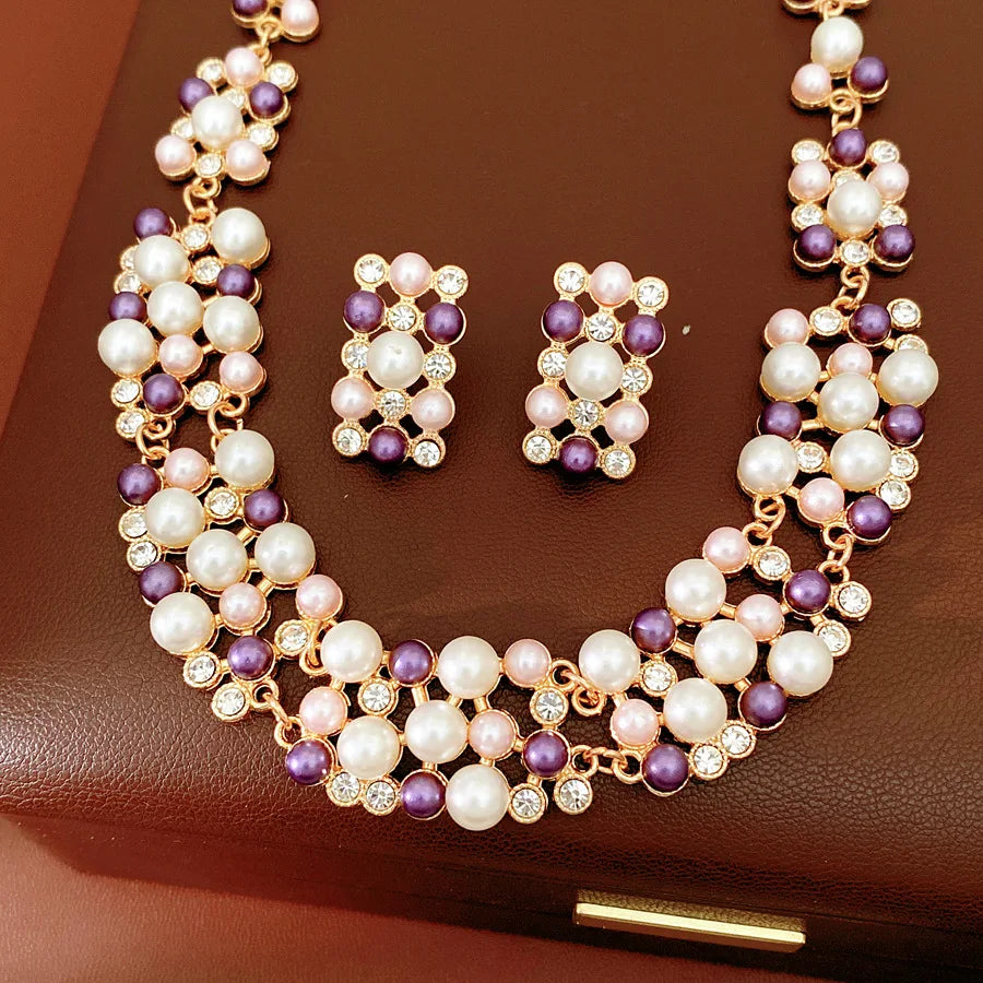 Vintage Pearl Rhinestone Choker Necklace and Earrings Set