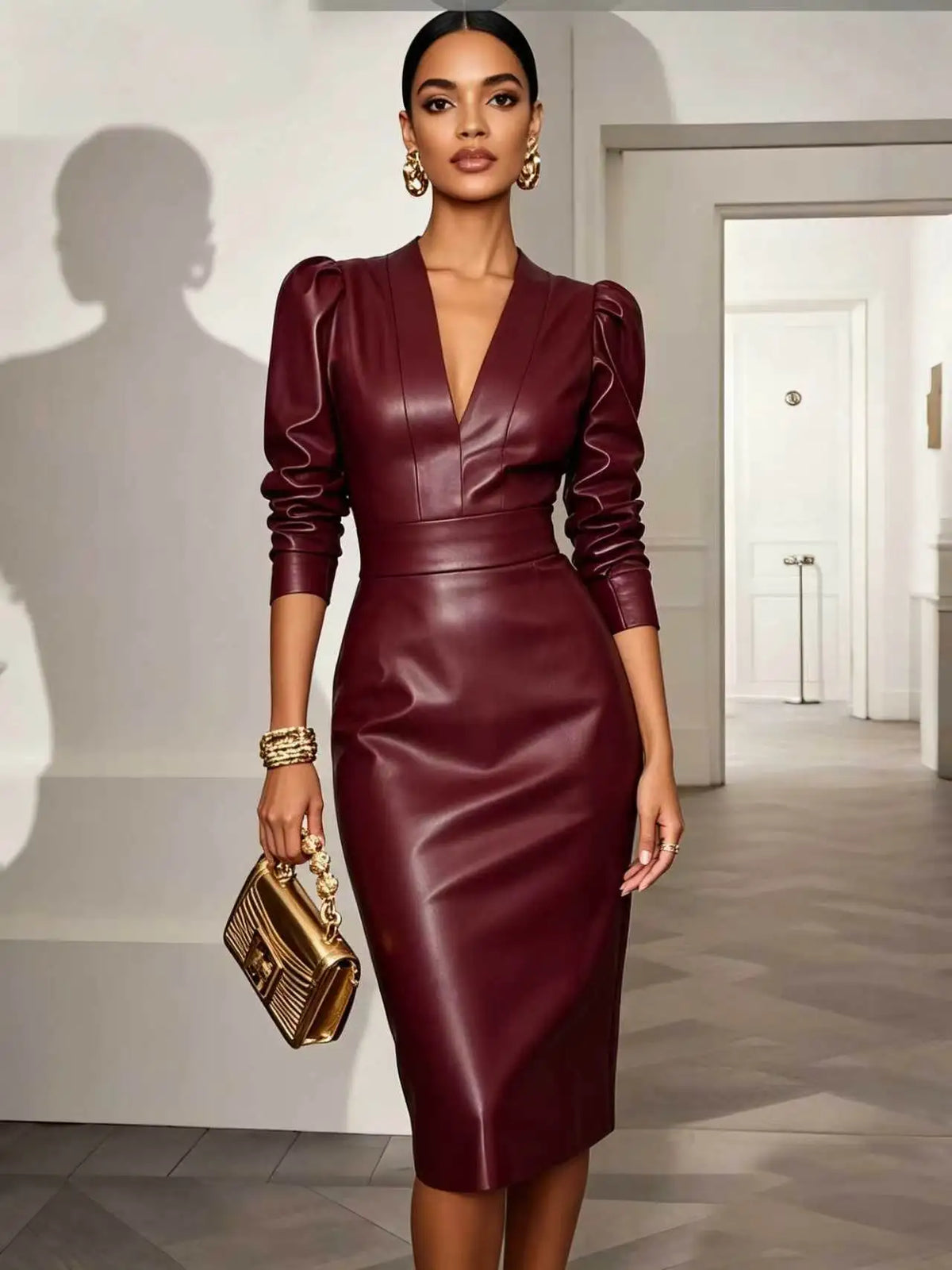 Deep V Neck Puff Shoulder Cinched WaistFaux Leather Midi Dress