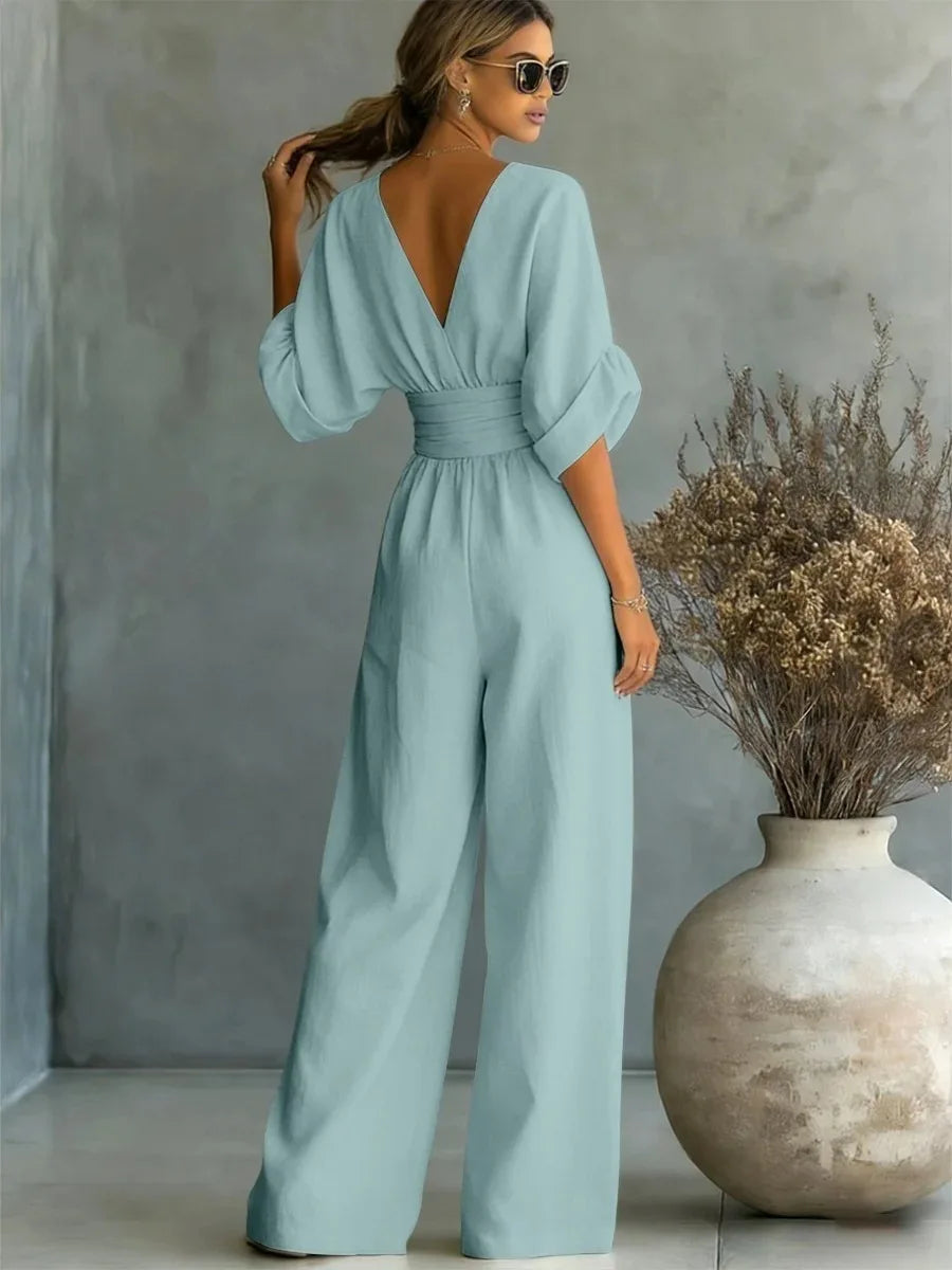 Women's High Waist V-neck Solid Color Wide Leg Jumpsuit