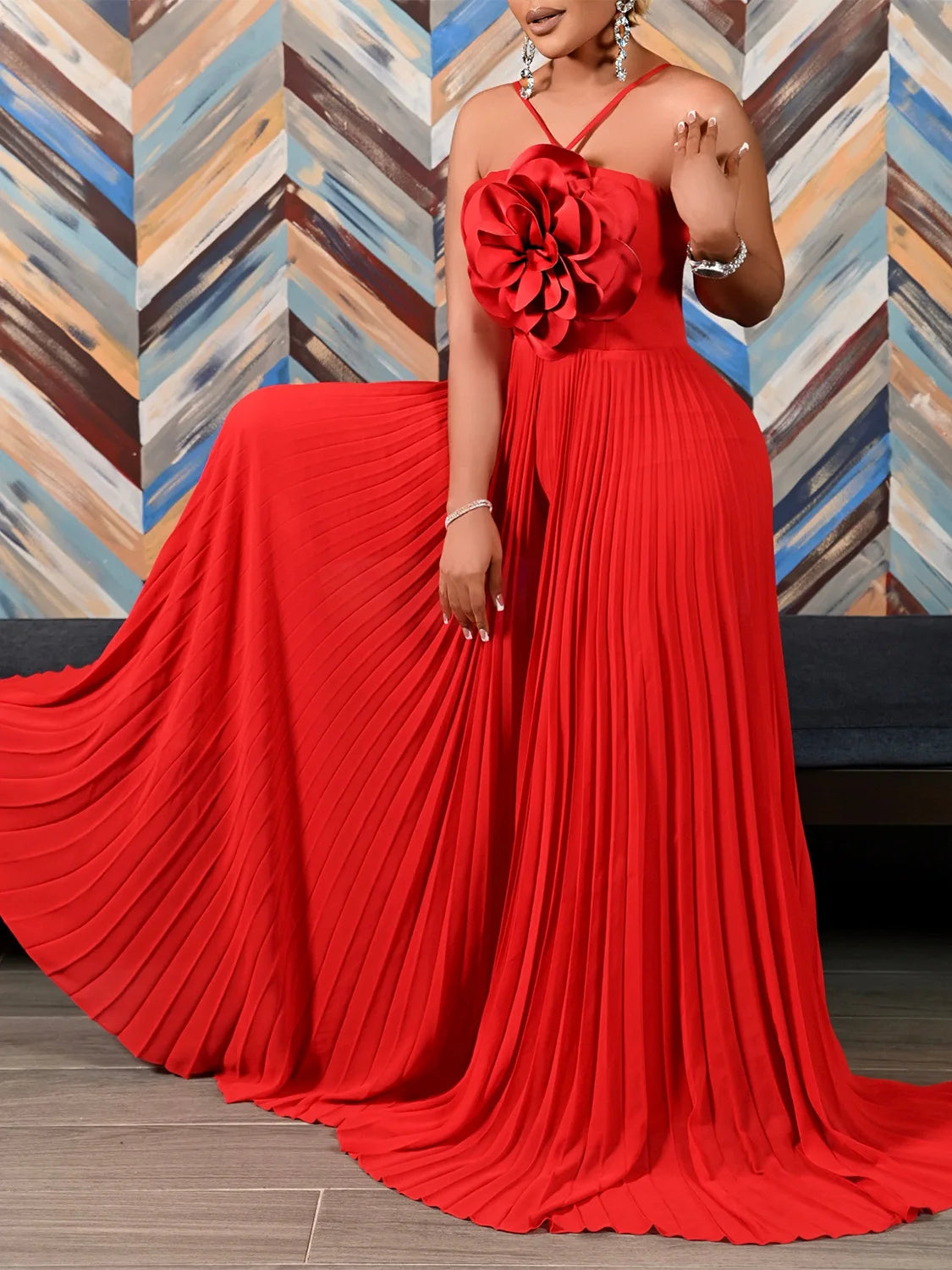 Chiffon Flower Sleeveless Pleated Wide Leg Jumpsuit