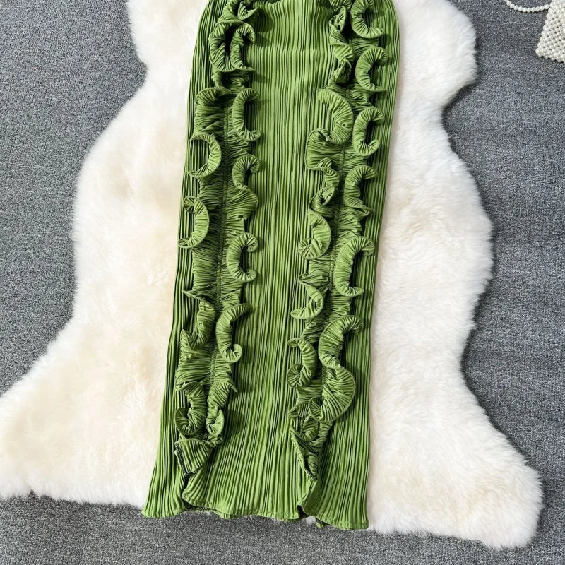 Ruffles Spliced Sleeveless V-Neck Bodycon Maxi Long Evening Dress