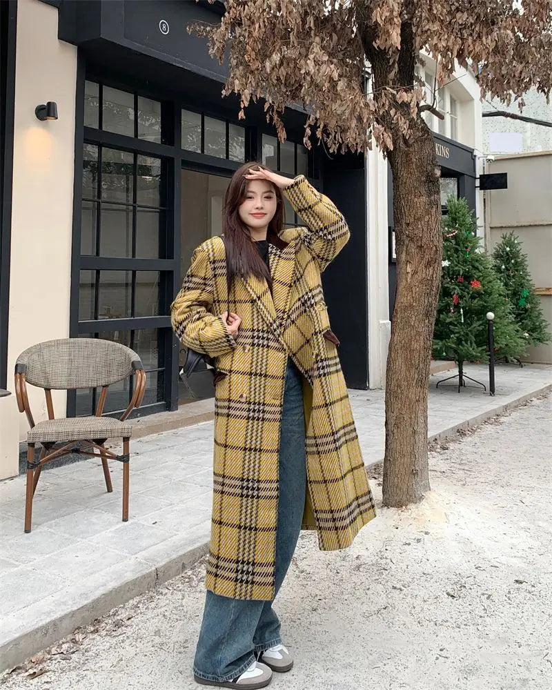 Women's Yellow Plaid Print Thick Long Sleeve Winter Overcoat