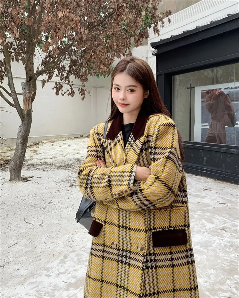 Women's Yellow Plaid Print Thick Long Sleeve Winter Overcoat