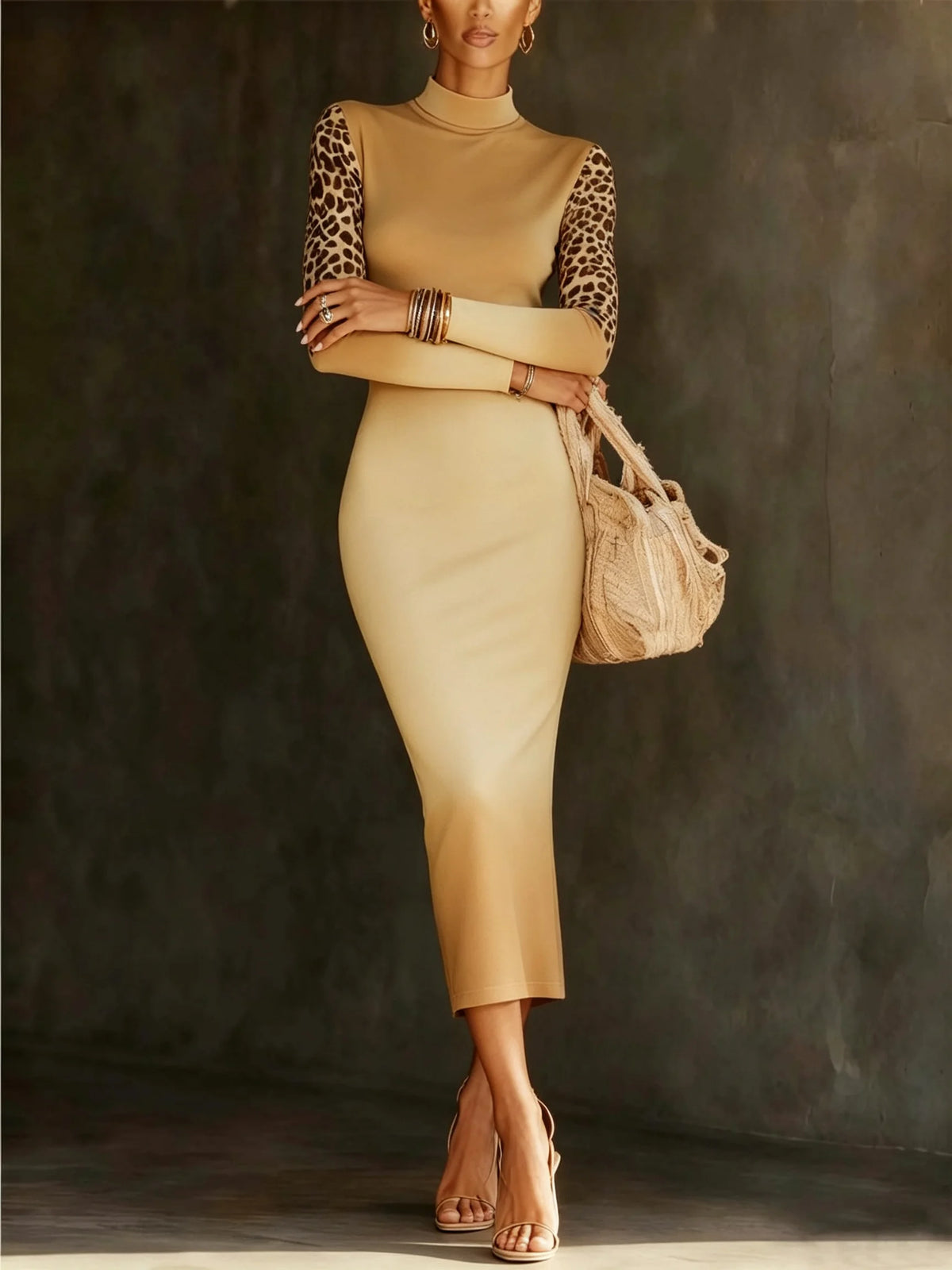 Women Elegant Slim Fit Mid Length Long Sleeve Slimming Waistband Dress