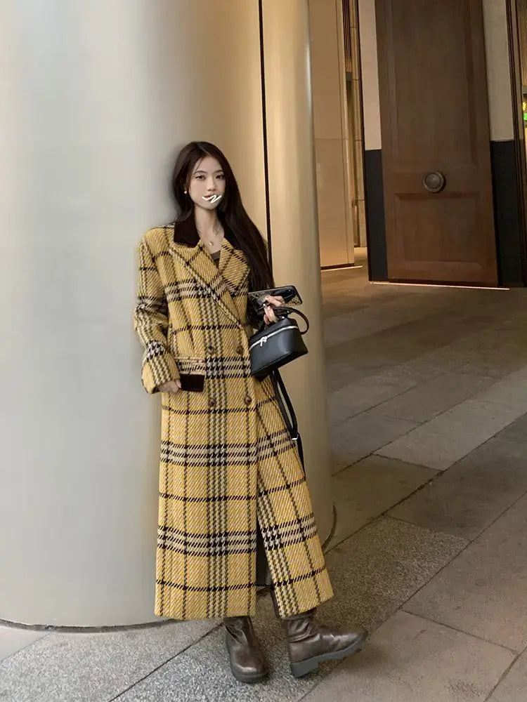 Women's Yellow Plaid Print Thick Long Sleeve Winter Overcoat