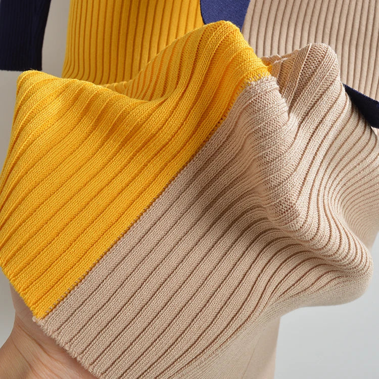 Women's Knitted Color Block Long Sleeve Turtleneck Sweater Dress with Belt