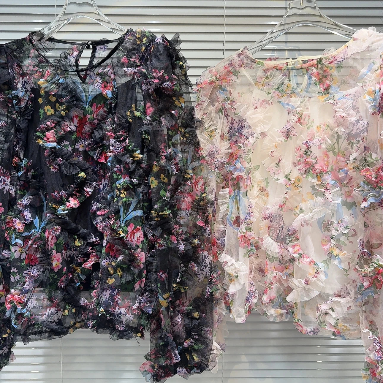French Style Floral Pleated Mesh Chiffon Blouse