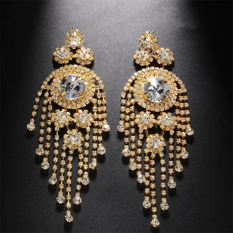 Women's Exaggerated Tassel Chandelier Rhinestone Earrings