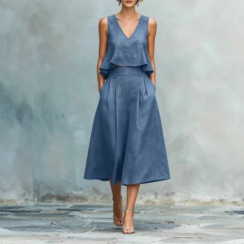 Summer V Neck 2 Piece Sleeveless Ruffle Top High Waist Wide Leg Midi Pants Set