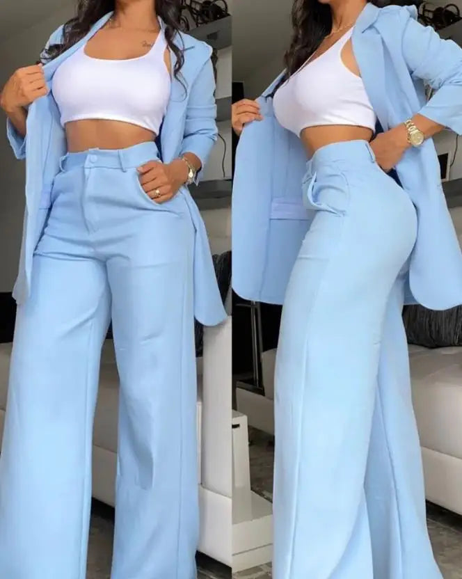Designer Solid Color Button Blazer & Straight Leg Pant 2pc Set