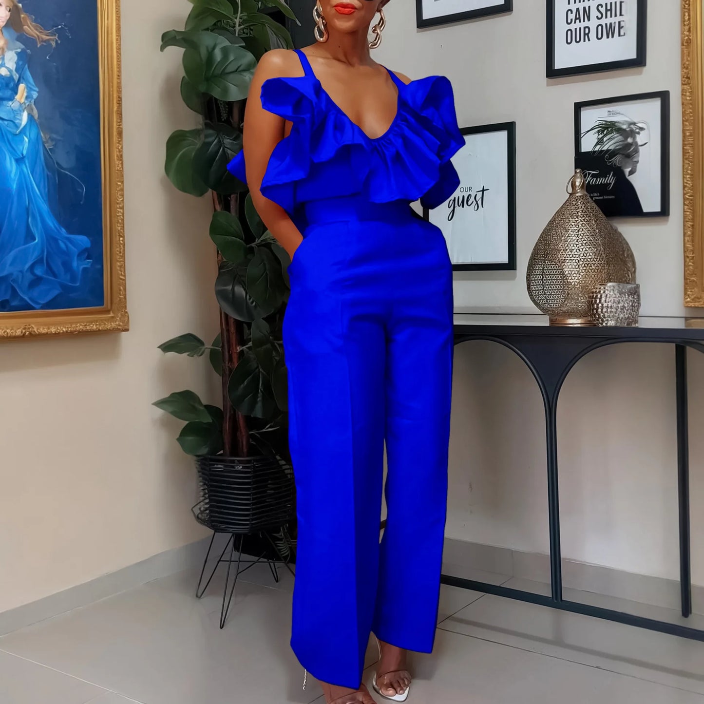 Designer Deep V Neck Ruffles High Waist Pants Jumpsuit