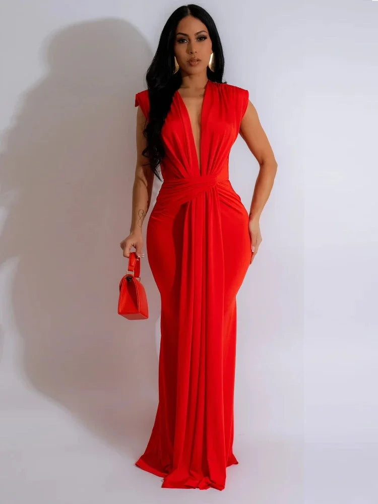Designer Deep V-Neck Ruched Evening Dress