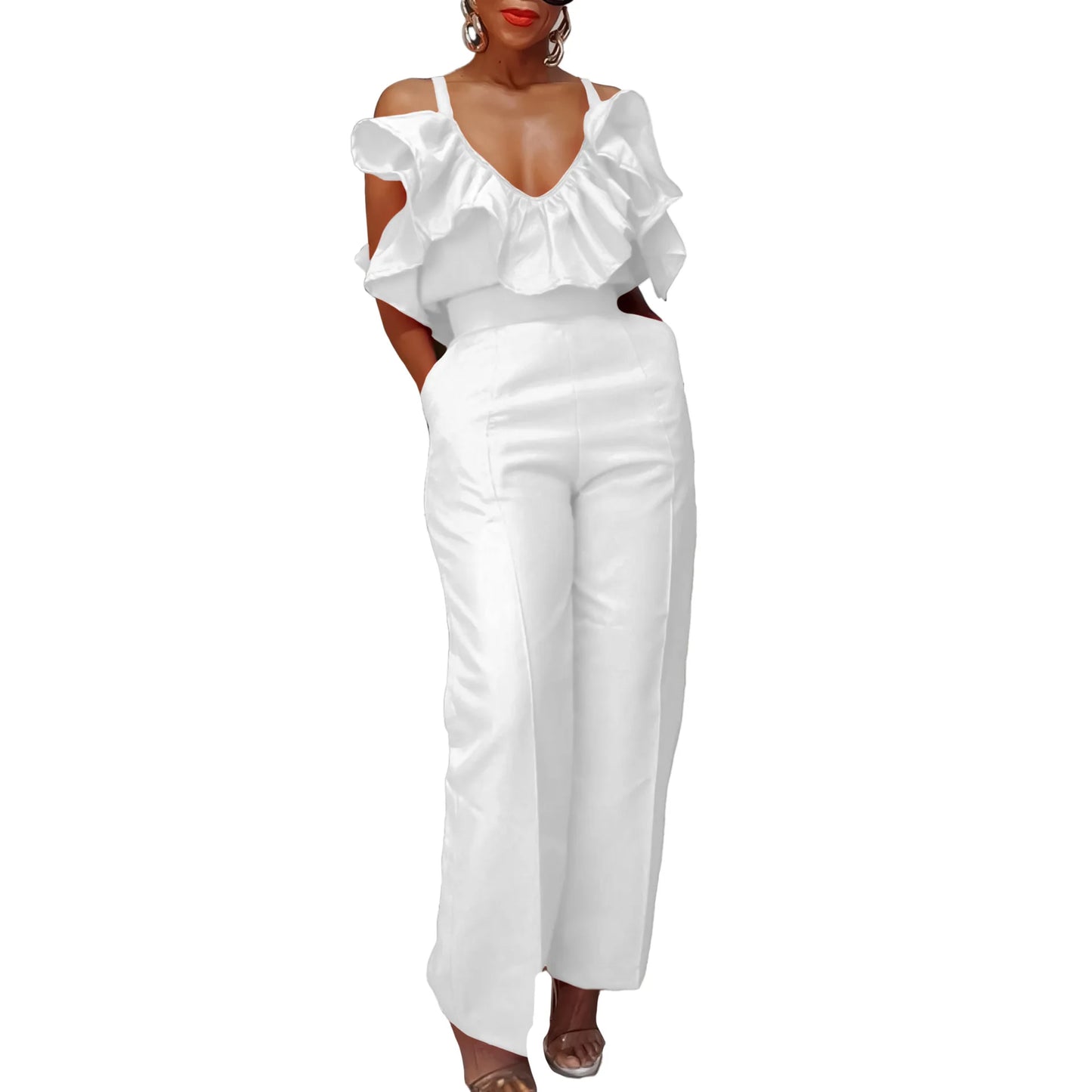 Designer Deep V Neck Ruffles High Waist Pants Jumpsuit