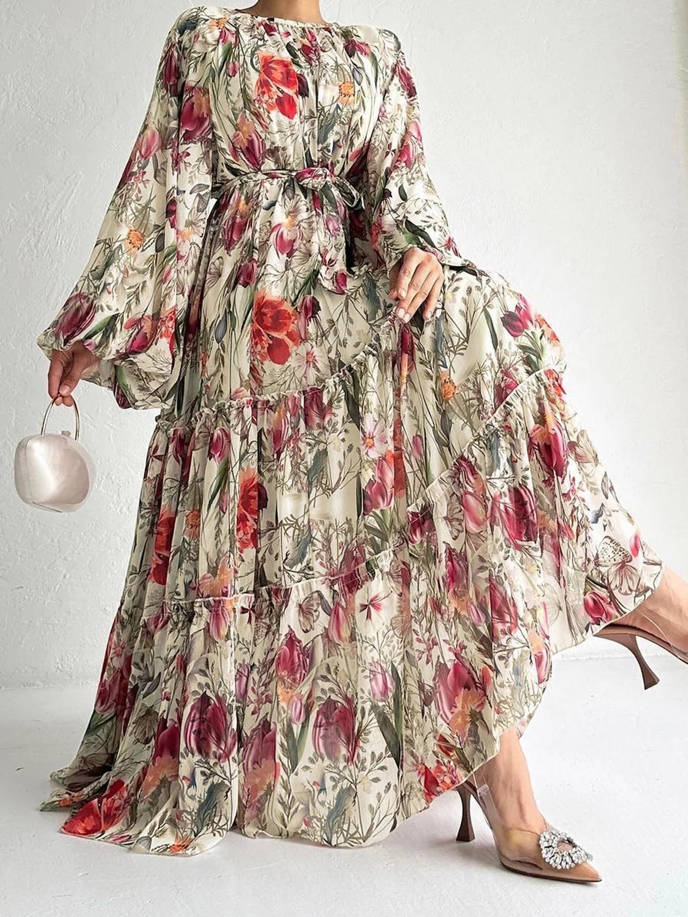 Women's Floral Printed Long-sleeved Chiffon Lace-up Dress