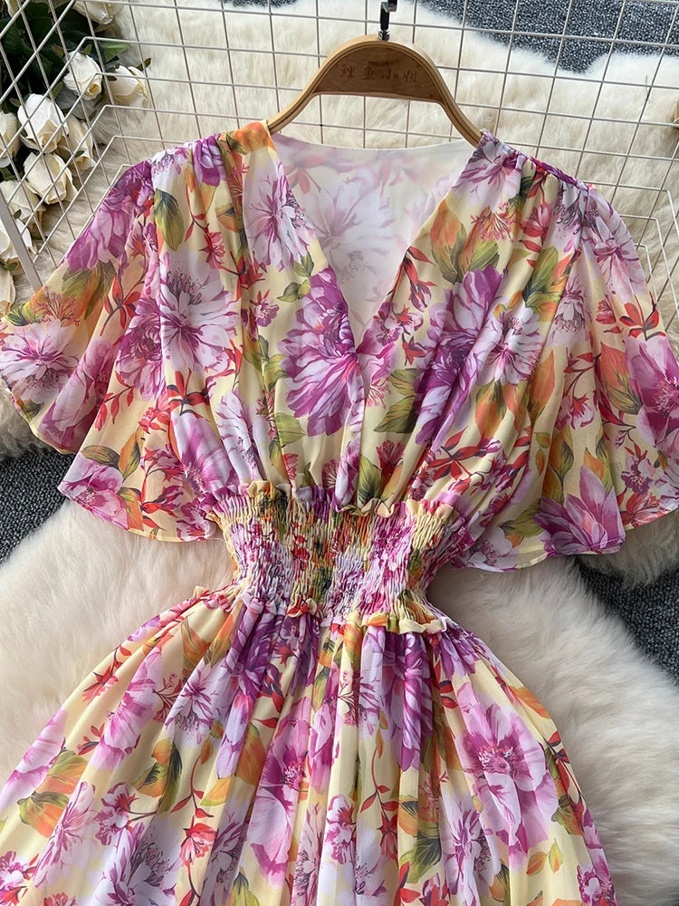 French Style Floral Retro V-neck Ruffle Sleeve High Waisted Chiffon Dress