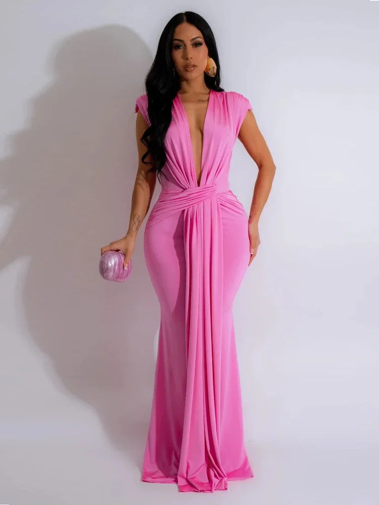 Designer Deep V-Neck Ruched Evening Dress