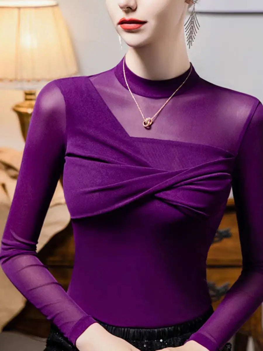 Women Long Sleeve One Shoulder Mesh Turtleneck Designer Blouse