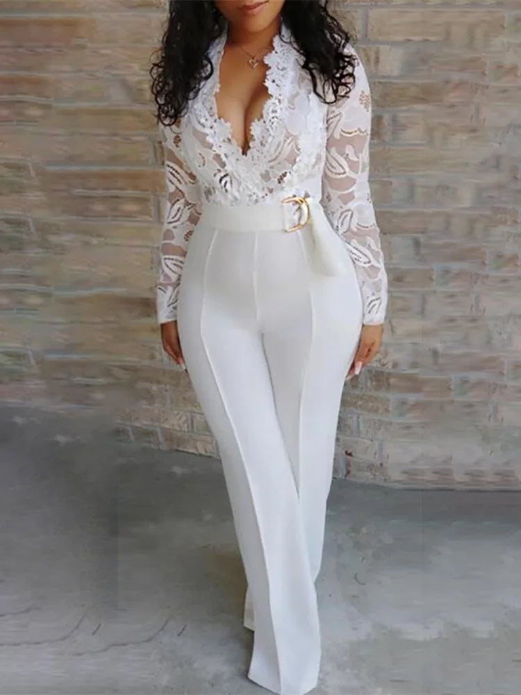 Women White Lace Stitching Long Sleeve V-neck Wide Leg Pants With Belt Romper