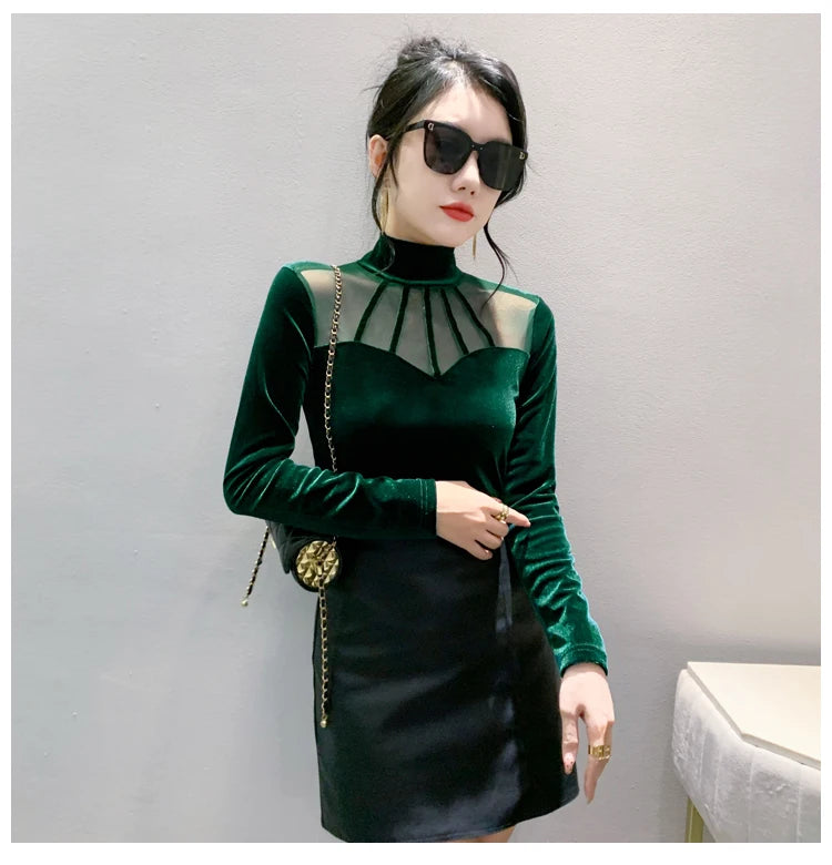 Velvet Mesh Slim T Designer Long Sleeve Turtleneck