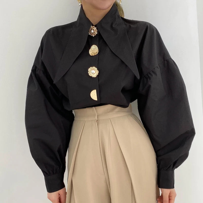 Women's Long Sleeve Pointed Collar Designer Button Down Blouse