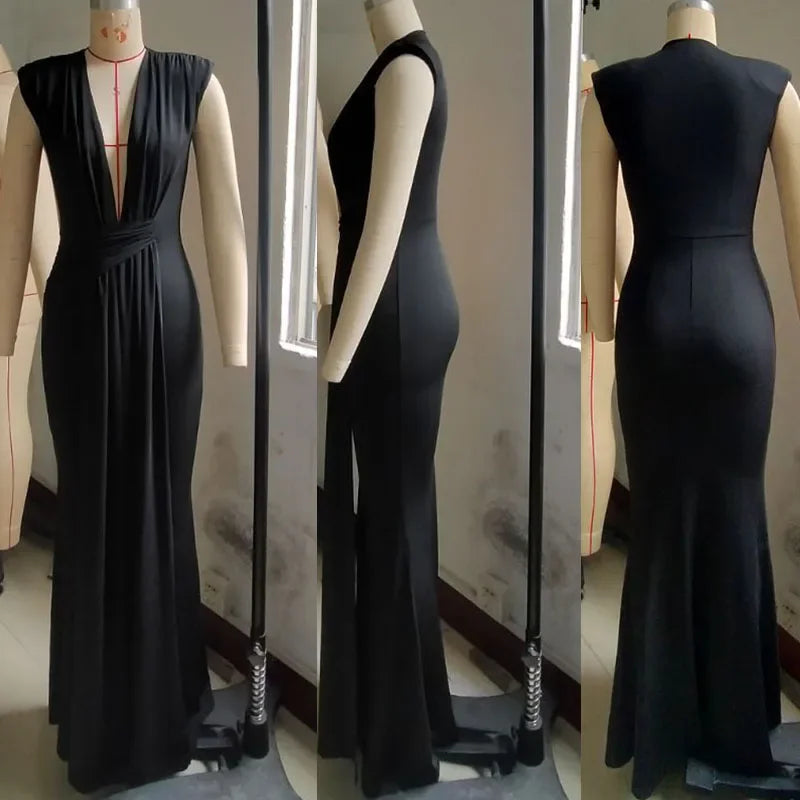 Designer Deep V-Neck Ruched Evening Dress
