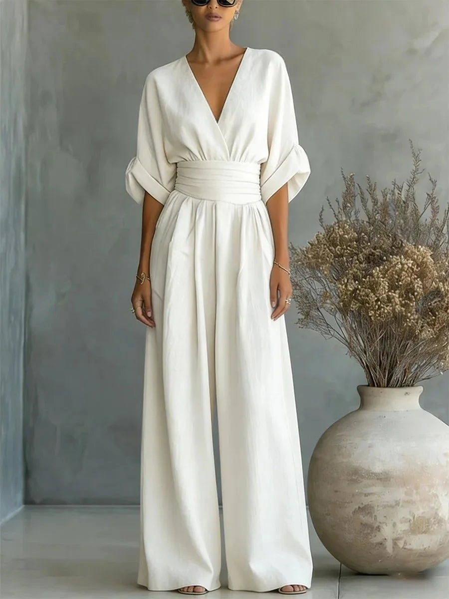 Women's High Waist V-neck Solid Color Wide Leg Jumpsuit
