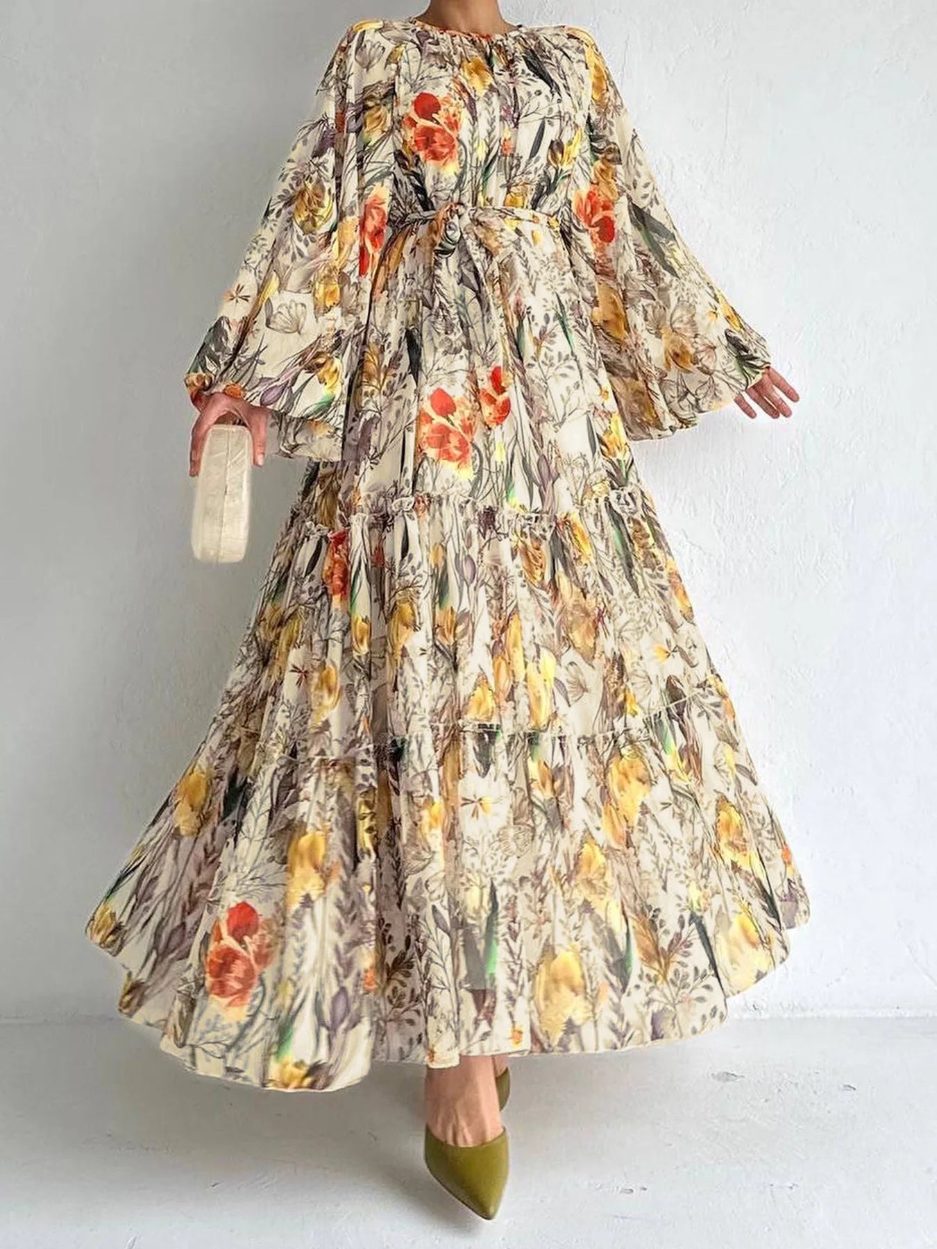 Women's Floral Printed Long-sleeved Chiffon Lace-up Dress
