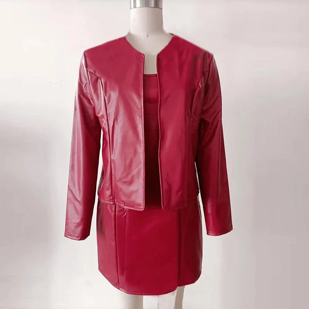 Women's Slim Fit Faux Leather Jacket & Sleeveless Dress 2pc. Set