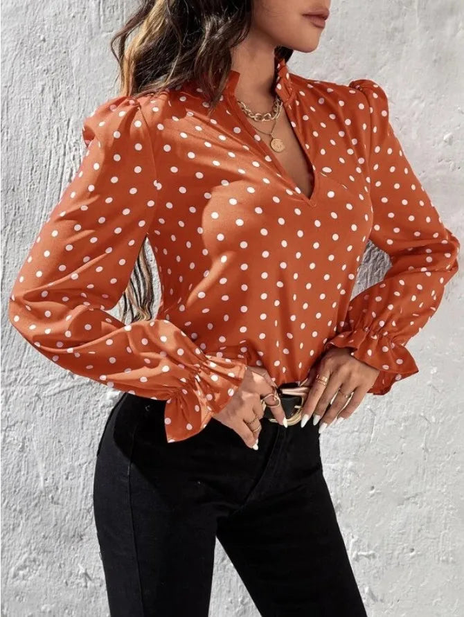 Women's Elegant Professional V-neck Polka Dot Long Sleeved Casual Chiffon Blouse