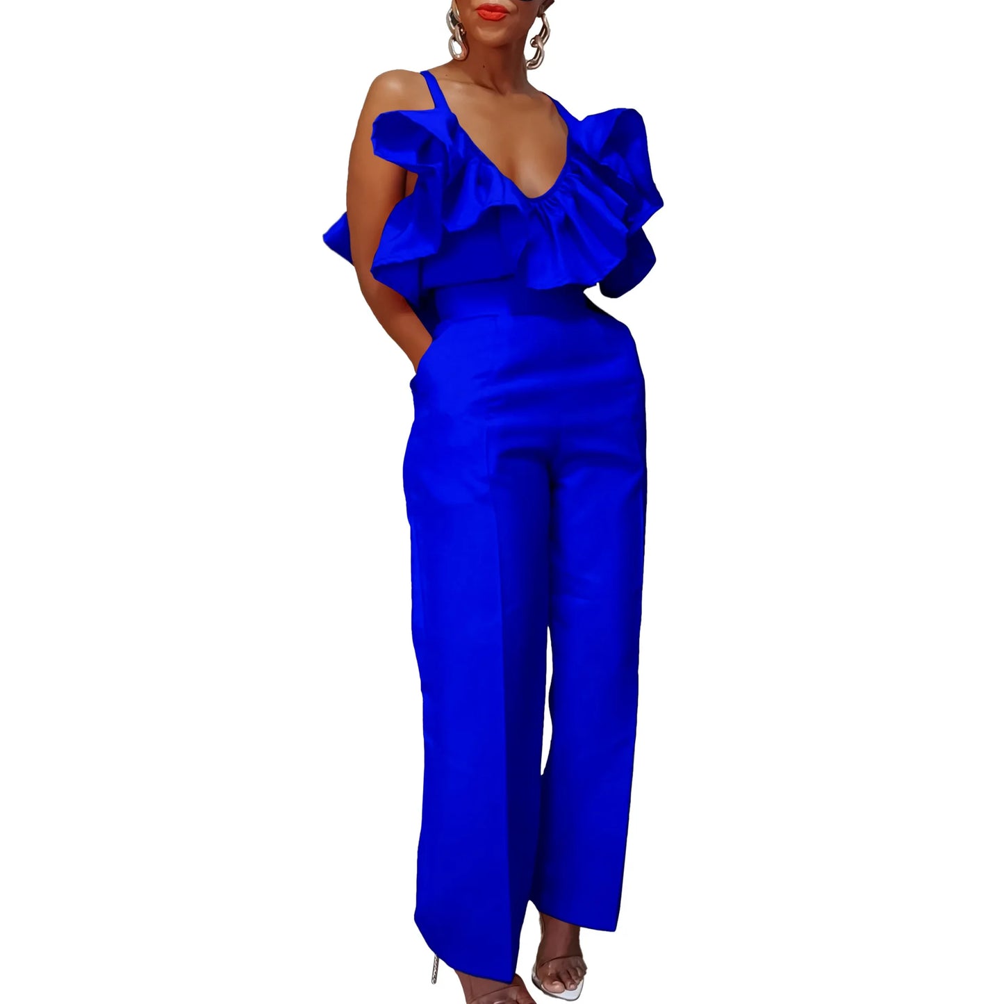 Designer Deep V Neck Ruffles High Waist Pants Jumpsuit