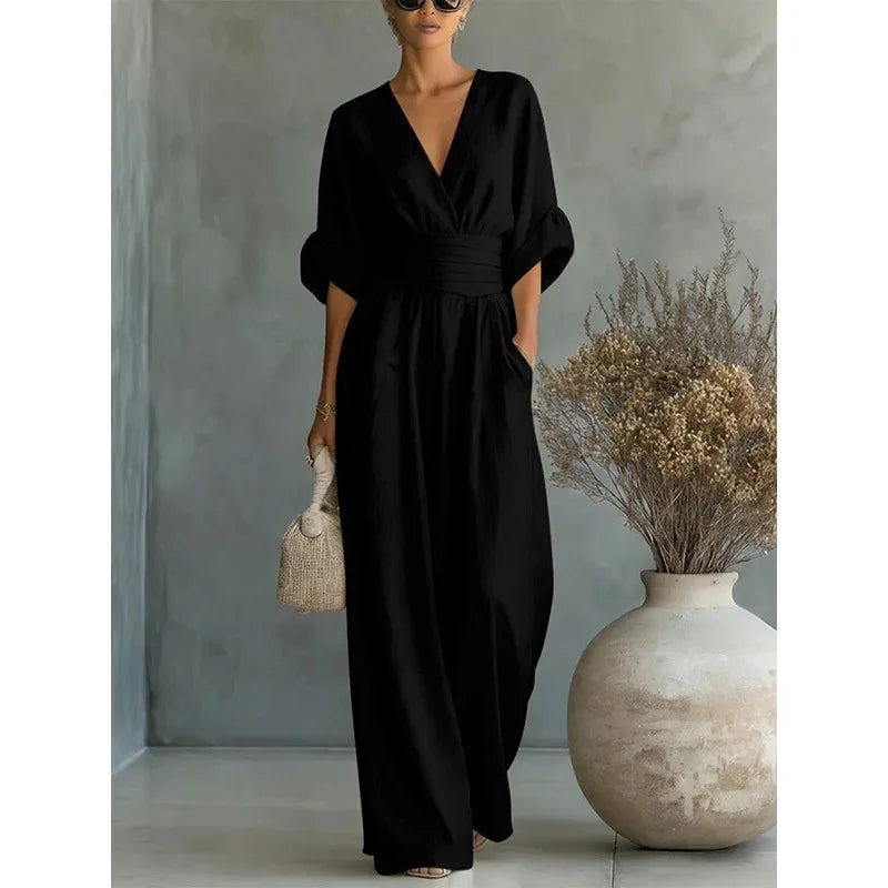 Women's High Waist V-neck Solid Color Wide Leg Jumpsuit