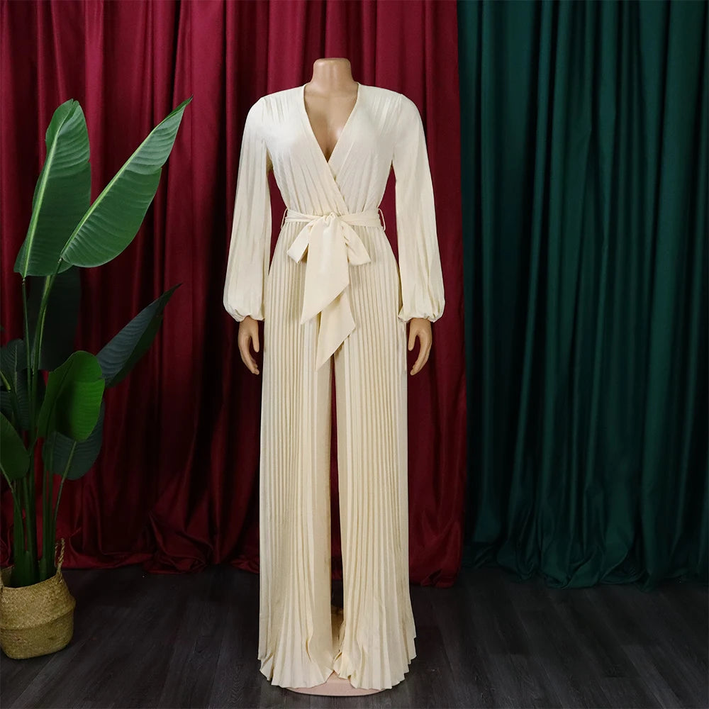 Elegant Pleated Full Sleeve V Neck High Waisted Jumpsuit