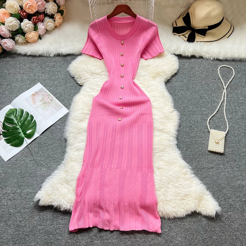 Knitted Designer Scoop Neck Short Sleeve Sweater Dress