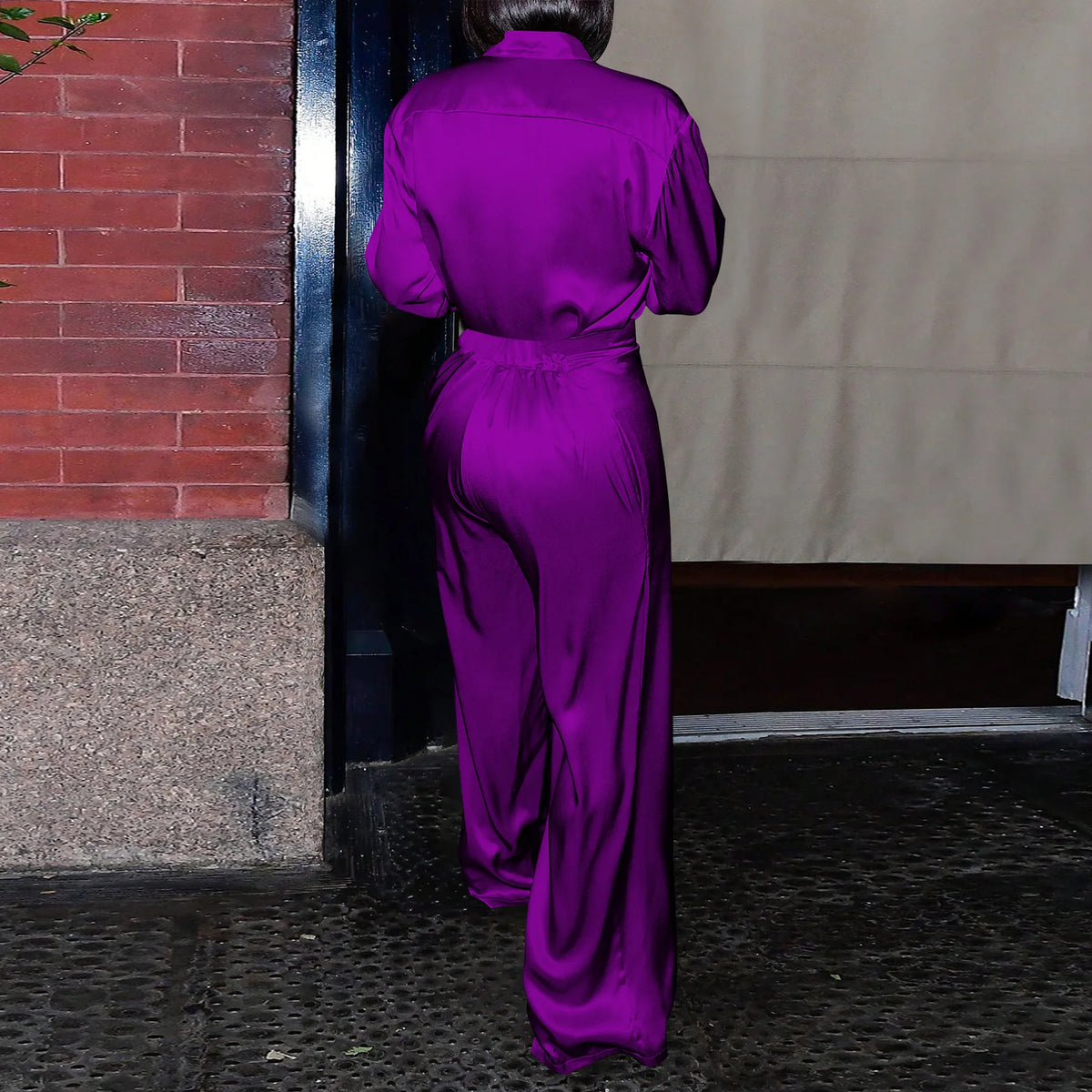Satin Women's Long Sleeve Blouse and Wide Leg Pant 2 Piece Set